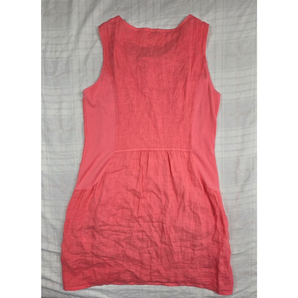 Lungo L'arno Sleeveless Shift Dress 3D Floral Neckline Pockets 100% Linen Pink L - Picture 3 of 8